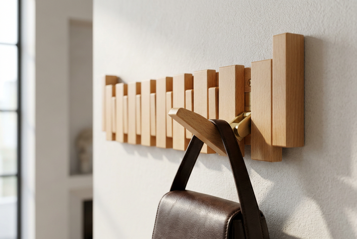 Light beech-coloured hanger with a brass hinge and a dark brown leather satchel hanging from a hook 13