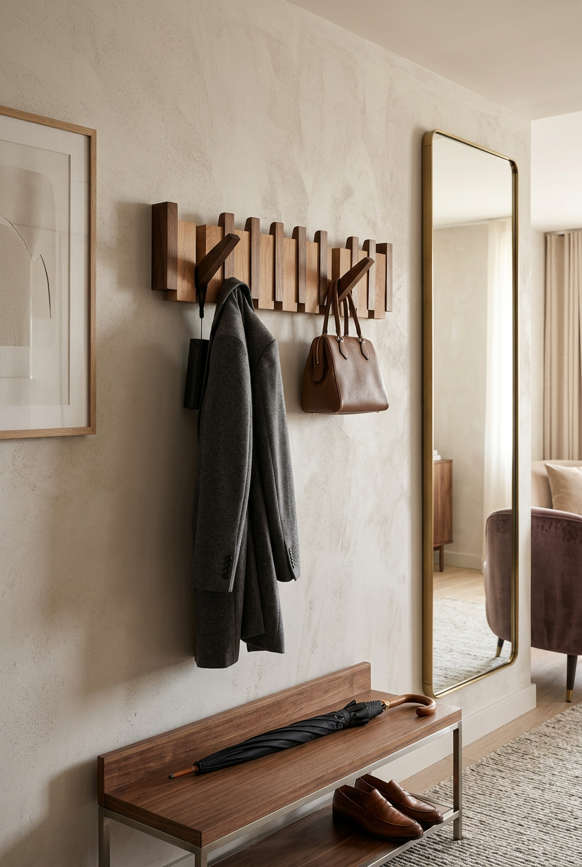 Walnut-toned rack in a styled hallway with a grey coat and brown handbag hung 1