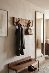 Walnut-toned rack in a styled hallway with a grey coat and brown handbag hung 1