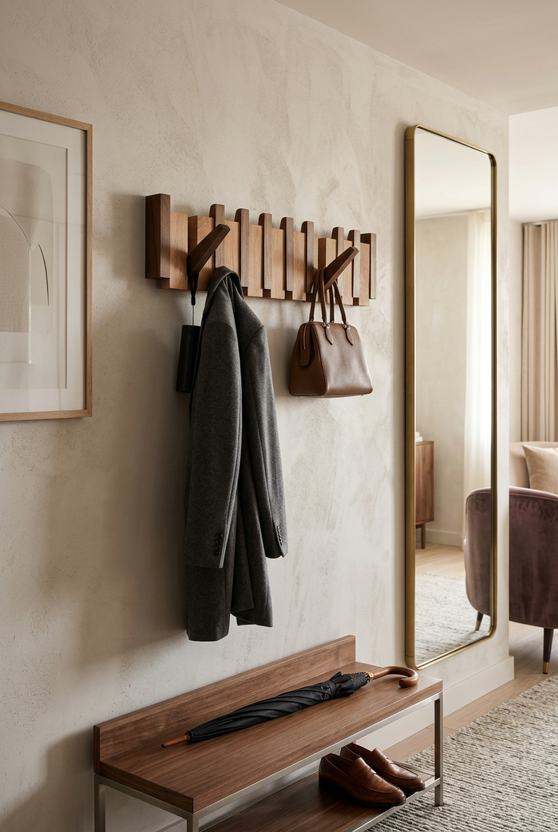 Walnut-toned rack in a styled hallway with a grey coat and brown handbag hung 1