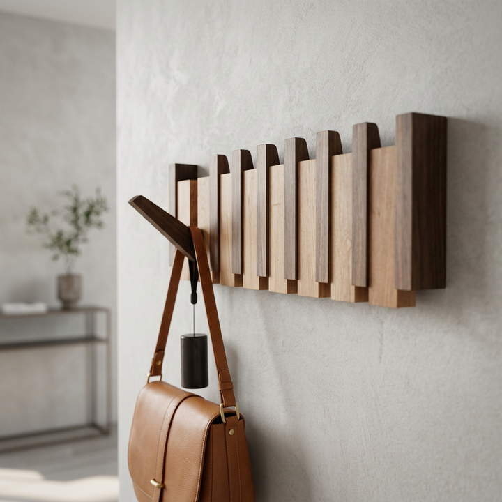 Dark and light wood hanger on a grey wall with a tan leather shoulder bag hanging from one hook 11