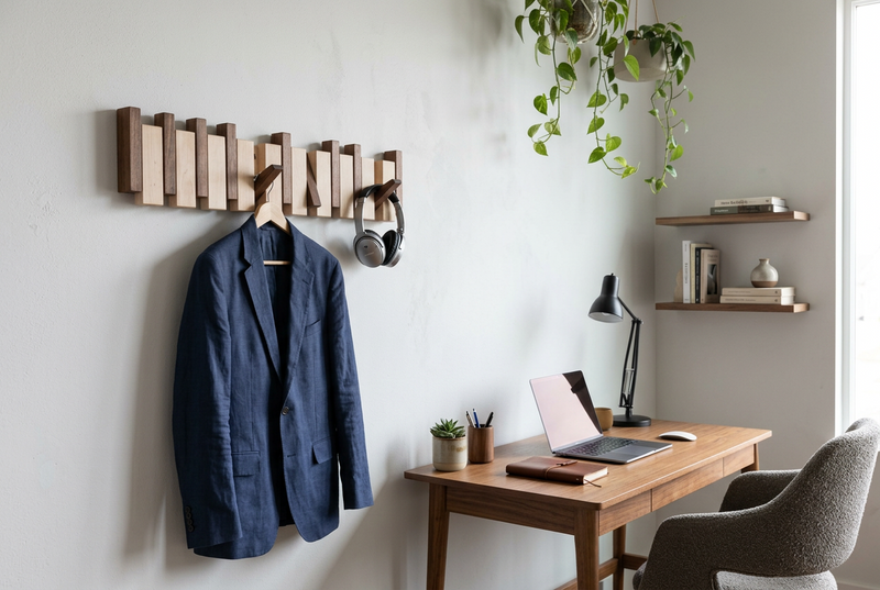 Two-tone wooden coat rack on a wall above a desk, holding a blue blazer and headphones 1