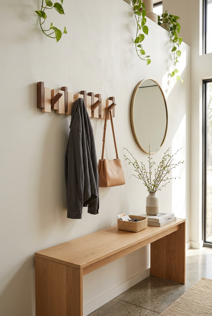 Wooden wall rack in a bright hallway holding a grey jacket and tan handbag above a bench 1