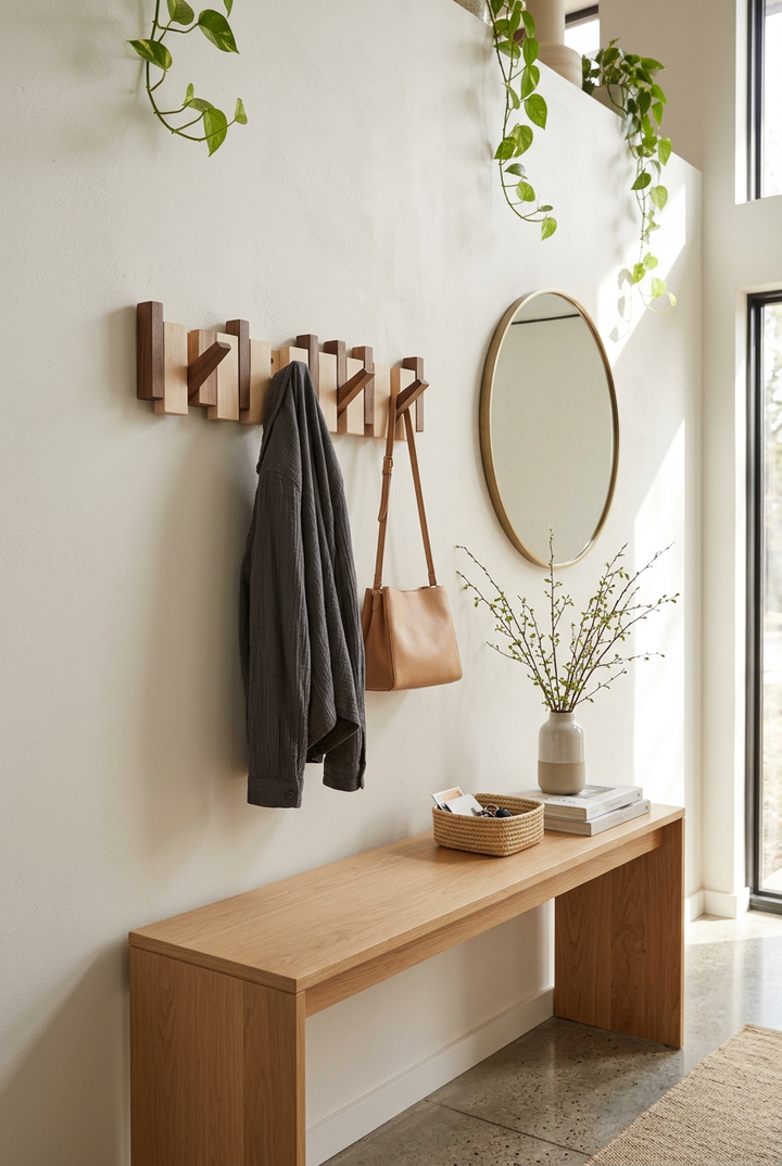 Wooden wall rack in a bright hallway holding a grey jacket and tan handbag above a bench 1