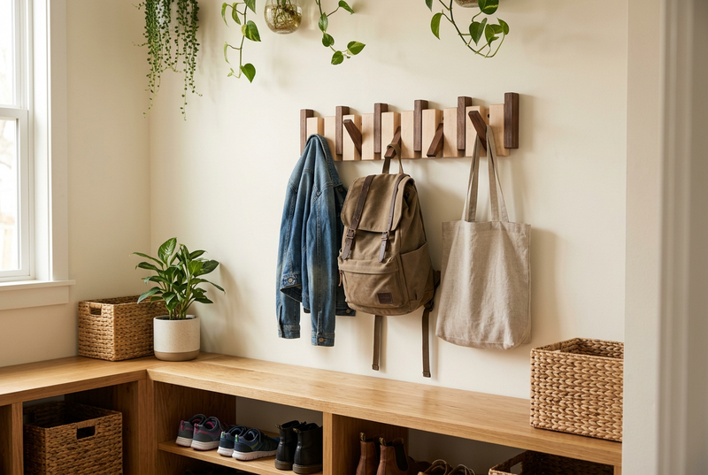 Hanger on a hallway wall holding a denim jacket, canvas rucksack and linen tote above a shoe bench 1