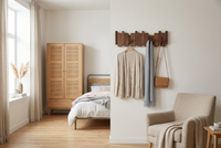 Dark wooden rack on a bedroom wall holding a cardigan, grey scarf and tan shoulder bag 1
