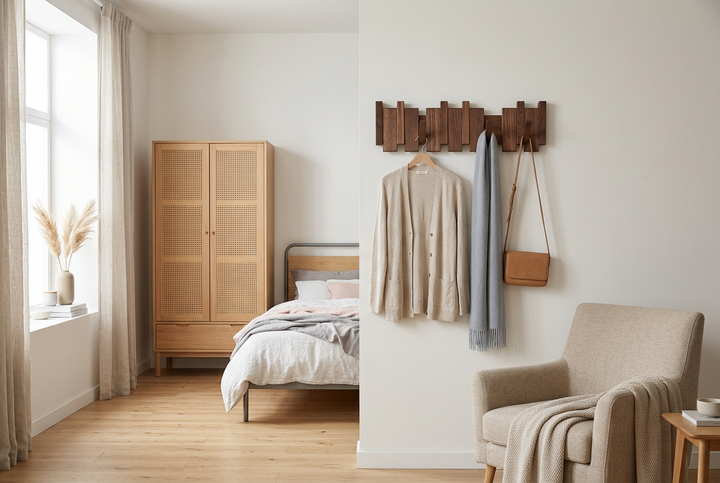 Dark wooden rack on a bedroom wall holding a cardigan, grey scarf and tan shoulder bag 1