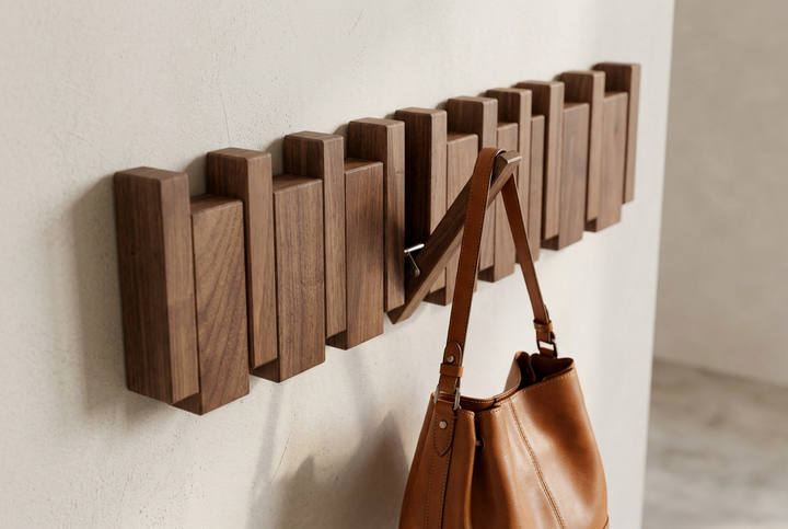 Dark wood hanger at an angle on a cream wall, with a tan leather tote hanging from a hook 12