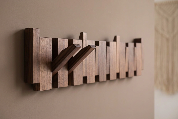 Same dark wooden rack with two hooks out, with a blurred cream macramé hanging beside it 13