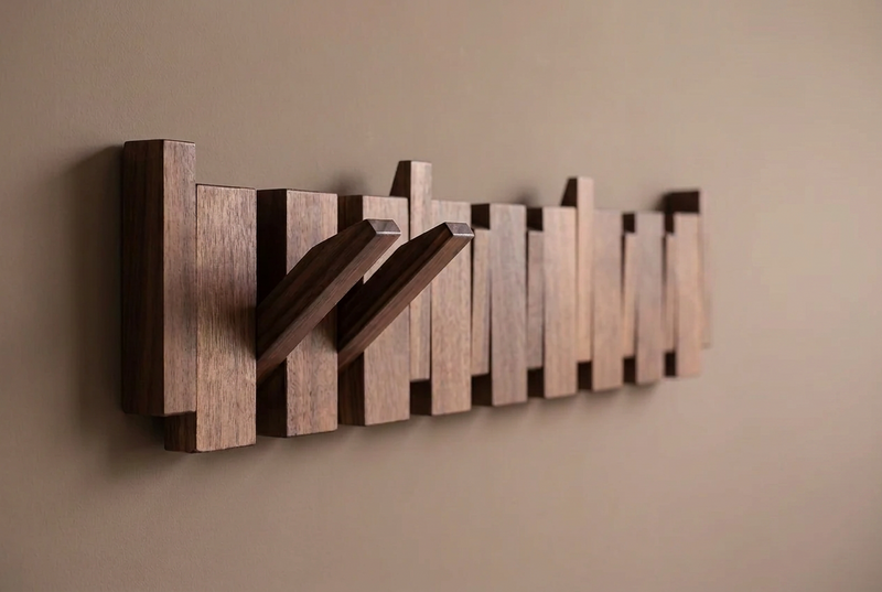 Dark wooden rack on a taupe wall with two hooks folded out and the rest flat 12