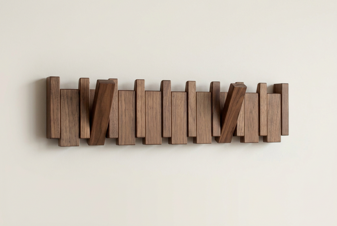 Dark wooden rack front view with two hooks angled outwards and the others flat 12