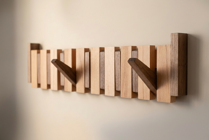 Angled close view of the two-tone wooden rack with two hooks folded out against a beige wall 11