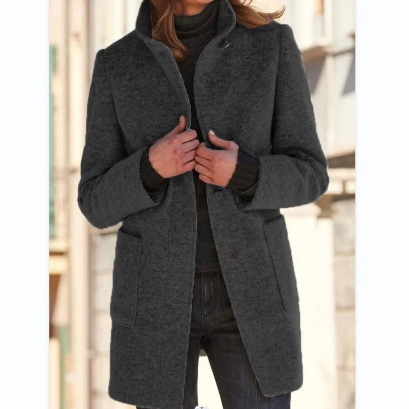 Wool Coat with Button Closure for Women - Eva-Dark Grey-S-State of Style