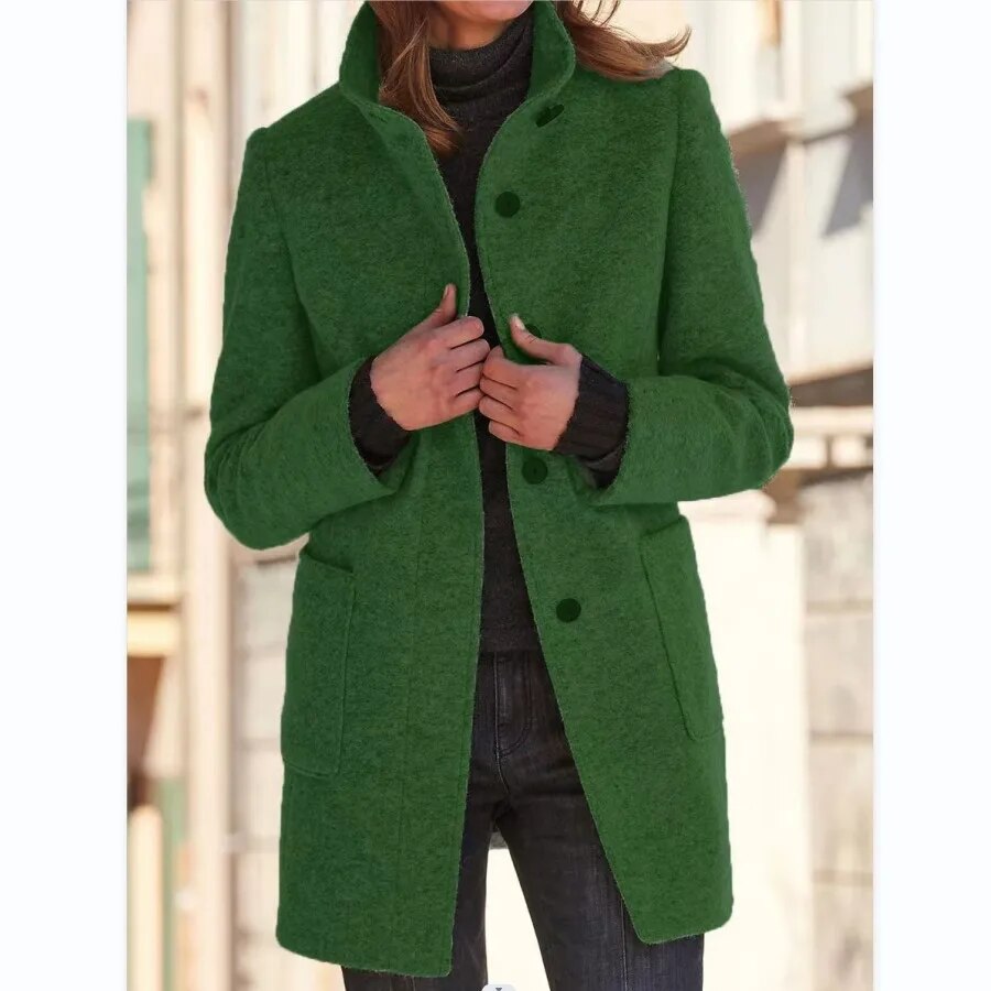 Wool Coat with Button Closure for Women - Eva-Green-S-State of Style