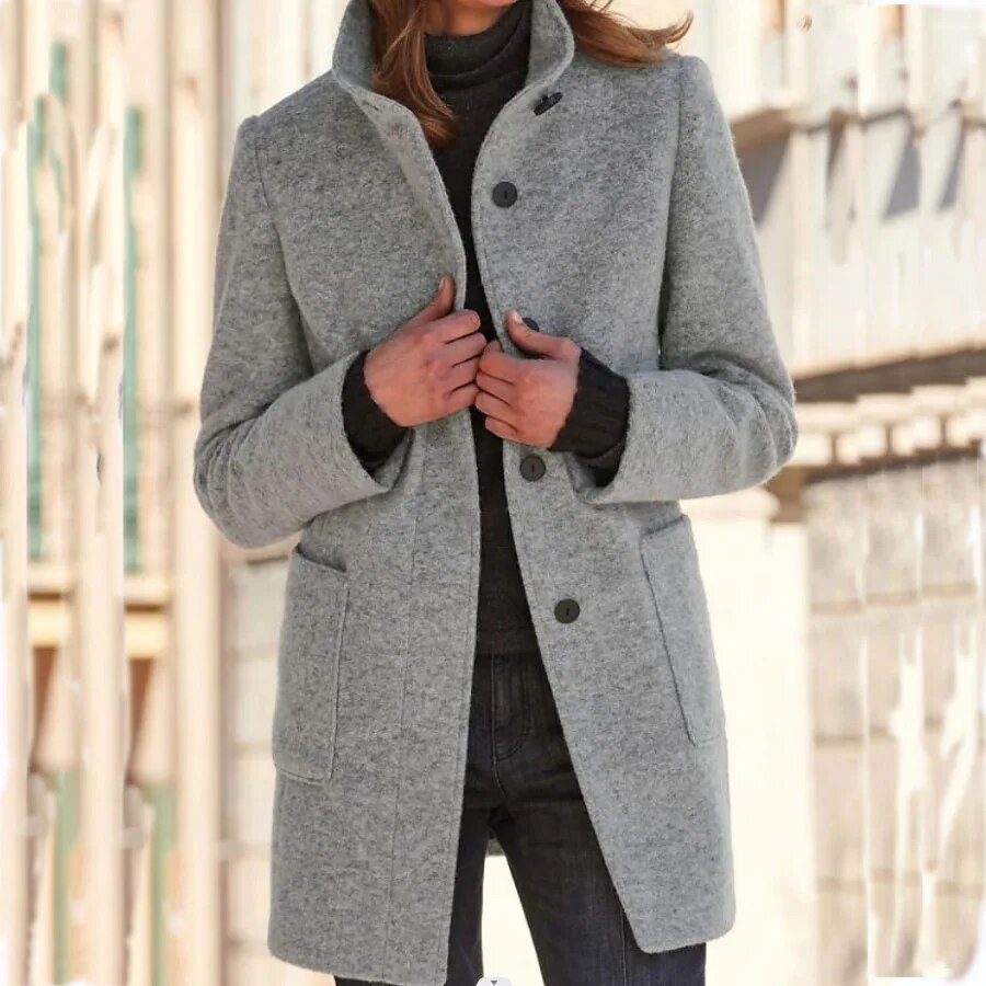 Wool Coat with Button Closure for Women - Eva-Grey-S-State of Style
