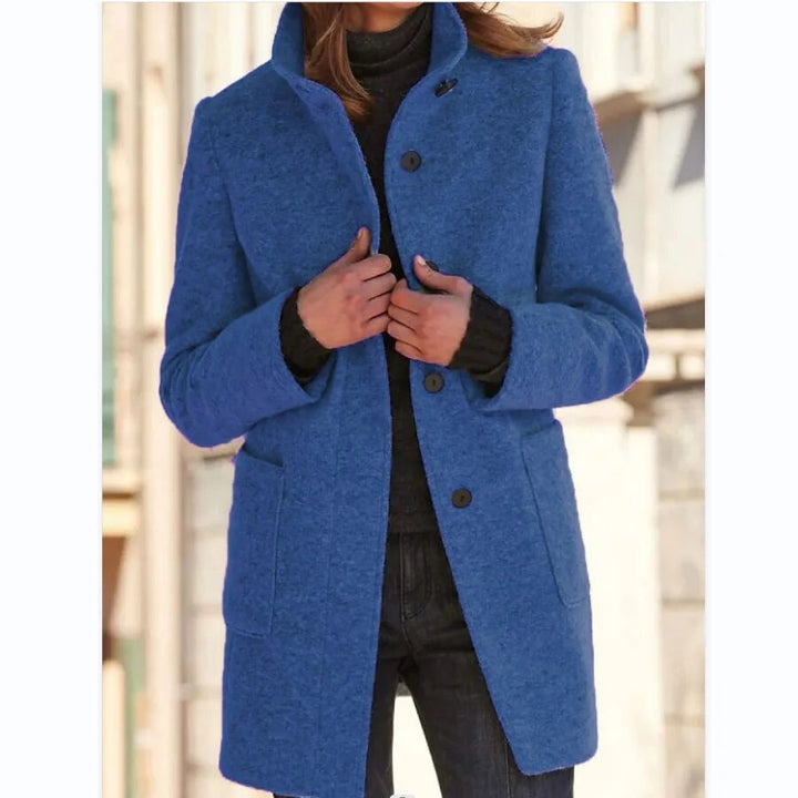 Wool Coat with Button Closure for Women - Eva-Navy-S-State of Style