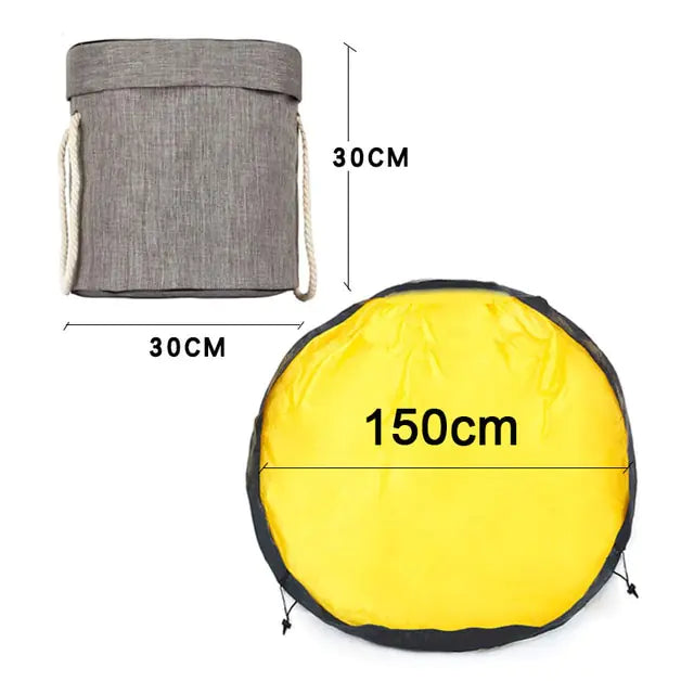 Large foldable toy tidy-up mat with basket function for the children's room.