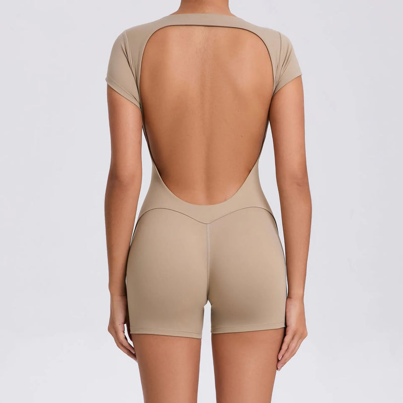 Yoga Jumpsuit with Breathable & Flexible Design - Luna-Khaki Short-S-State of Style