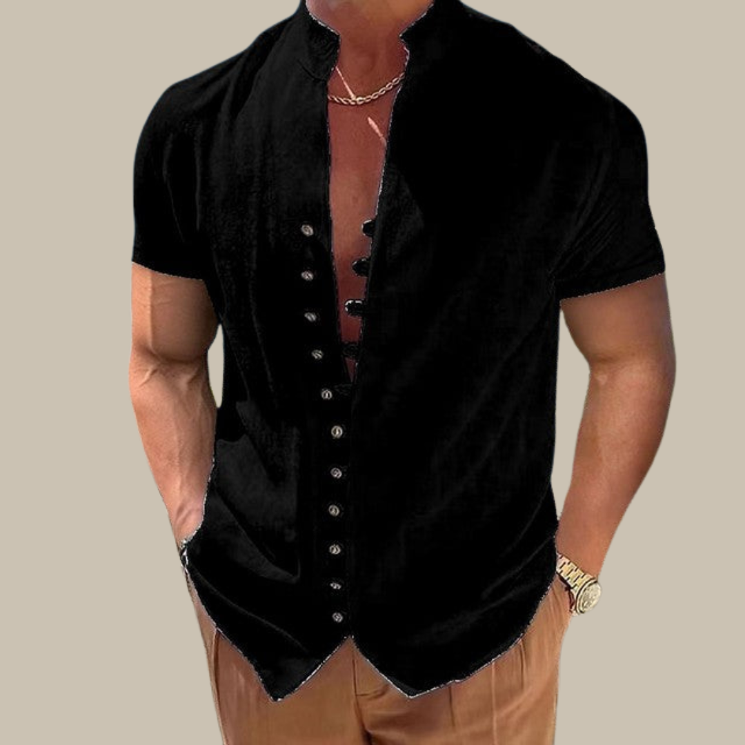 Zavier - Men's Summer Shirt | Short Sleeve Mandarin Collar Shirt-Black-S-State of Style