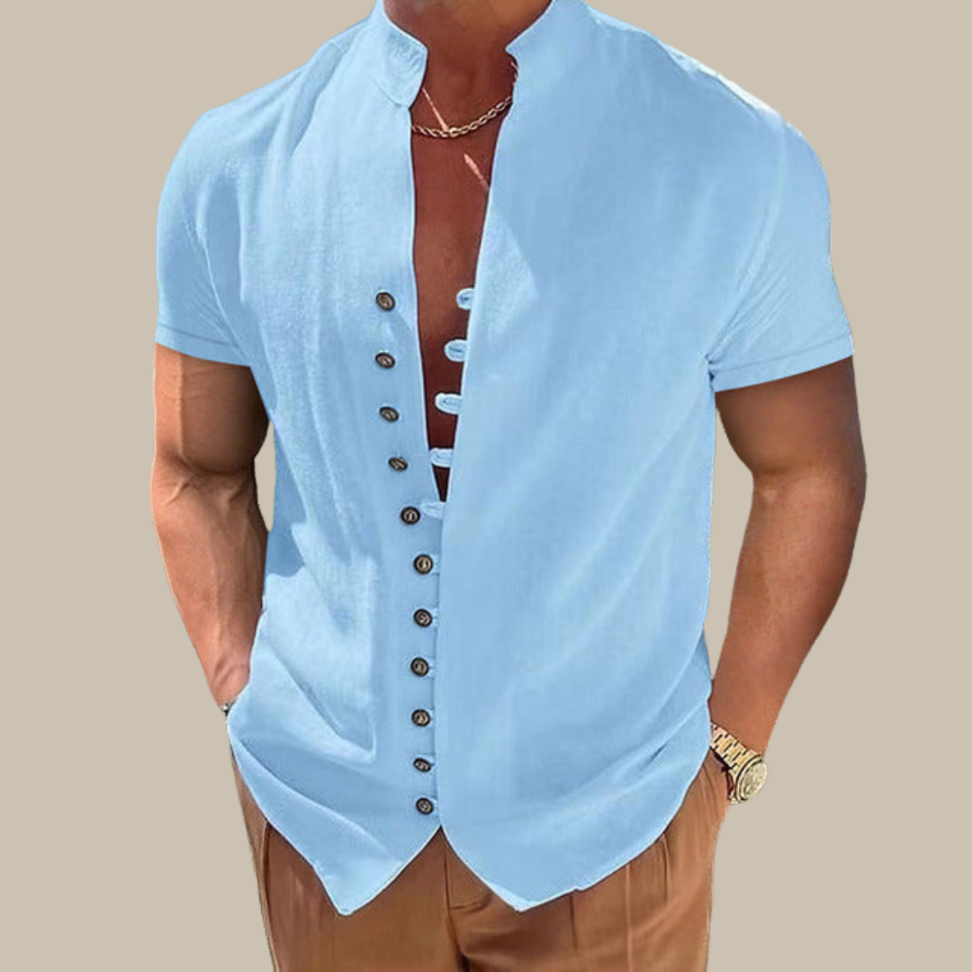 Zavier - Men's Summer Shirt | Short Sleeve Mandarin Collar Shirt-Blue-S-State of Style