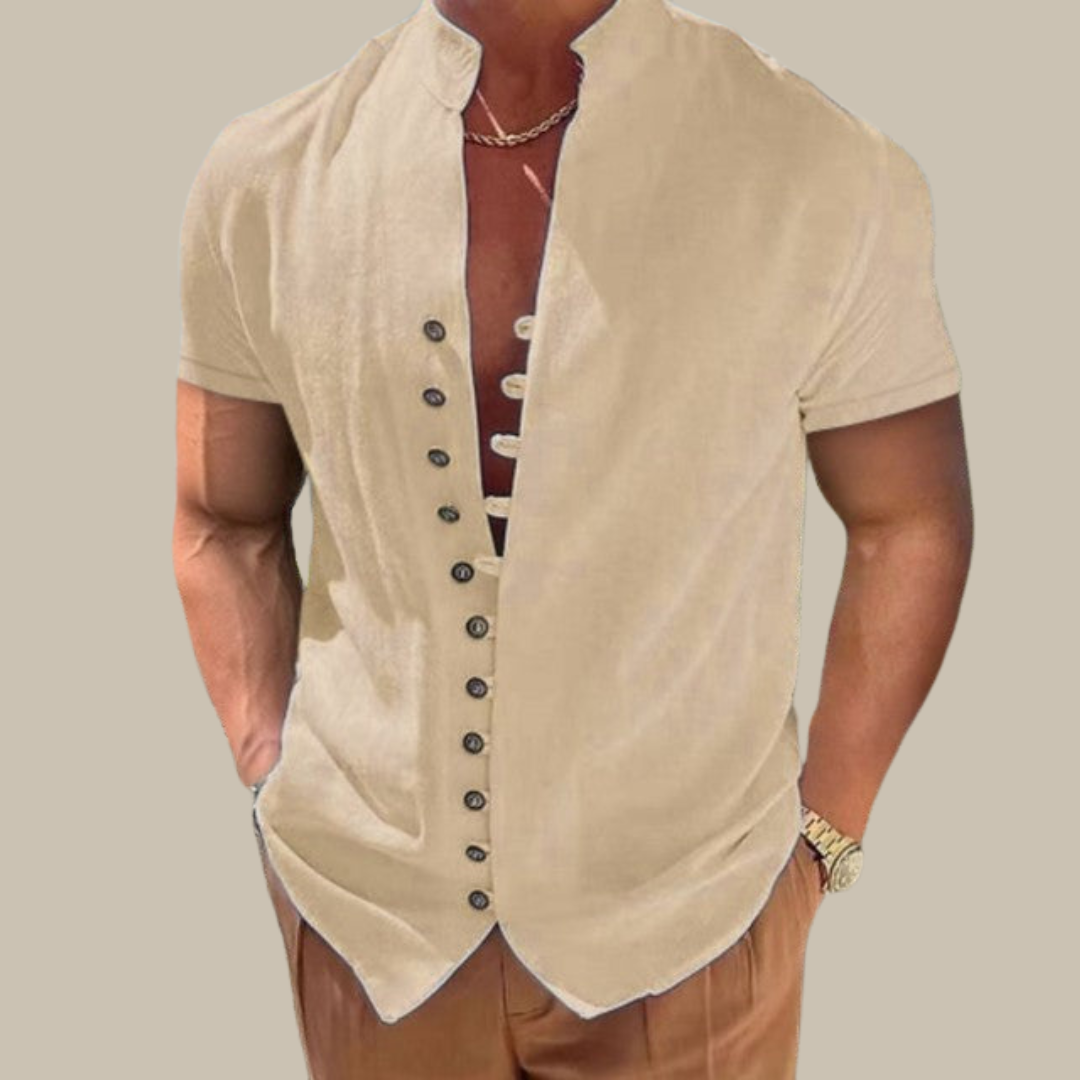 Zavier - Men's Summer Shirt | Short Sleeve Mandarin Collar Shirt-Khaki-S-State of Style